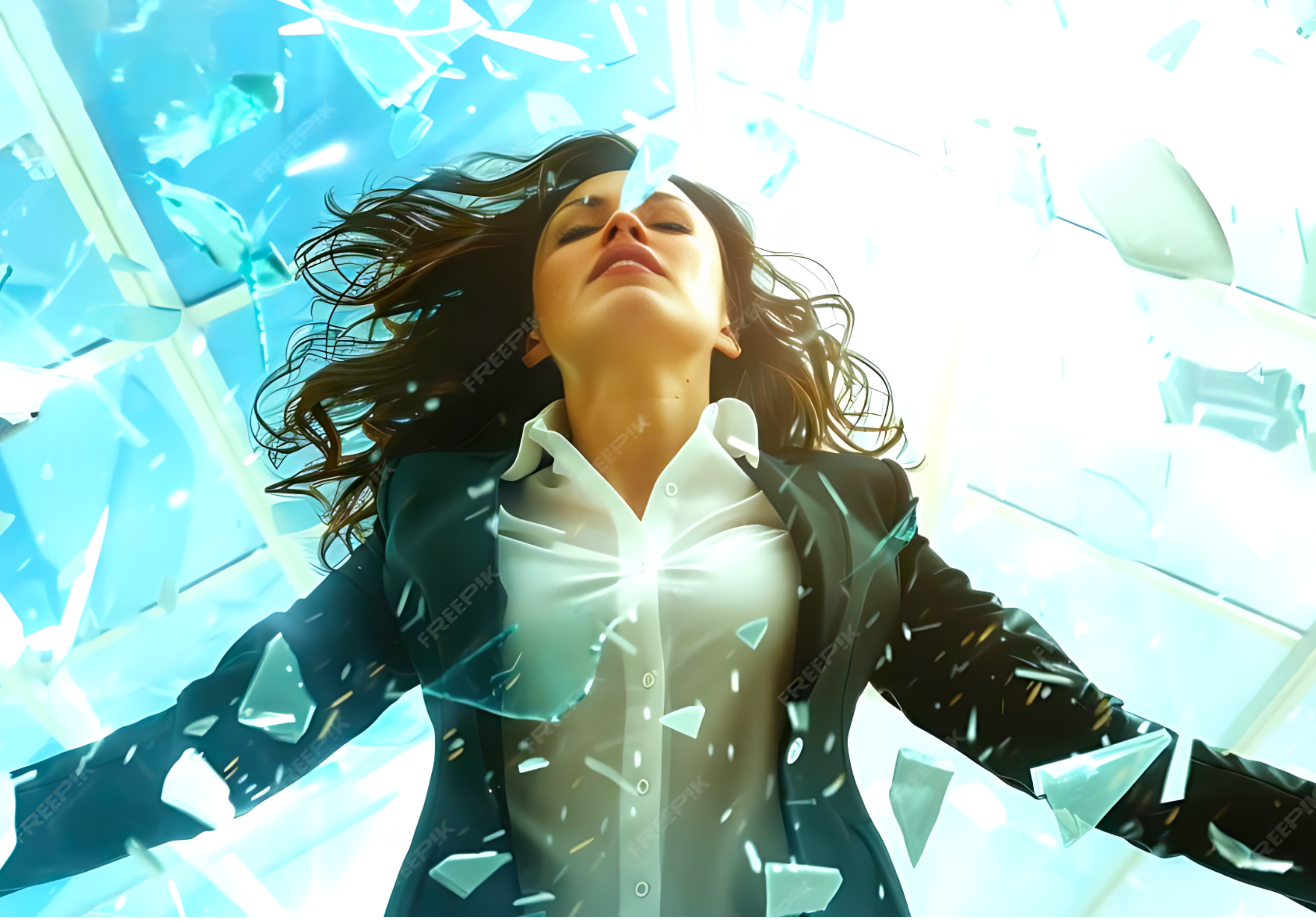 A confident modern woman breaking through a glass ceiling, symbolizing the shift away from traditional marriage expectations toward personal freedom.
