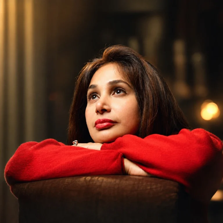Cinematic portrait of Indian Marathi actress Preeti Mallapurkar, in a red sweater resting her arms forward and looking thoughtfully upward against a premium blurred background with warm lighting, reflecting focus, preparation, and calmness under pressure