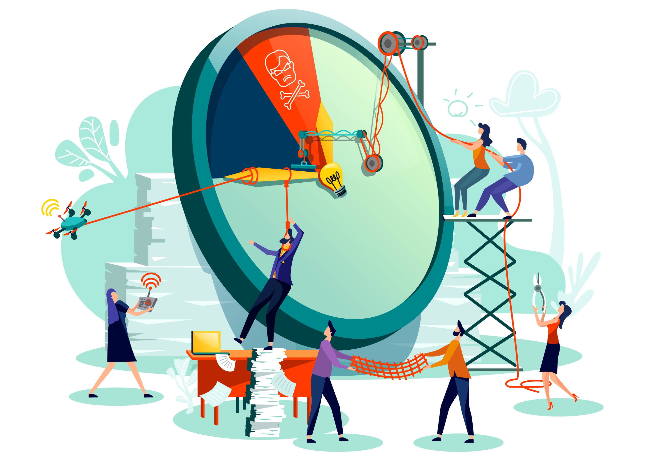 Illustration representing building long-term career commitment, with professionals connected through technology, ideas, collaboration, and workplace growth.
