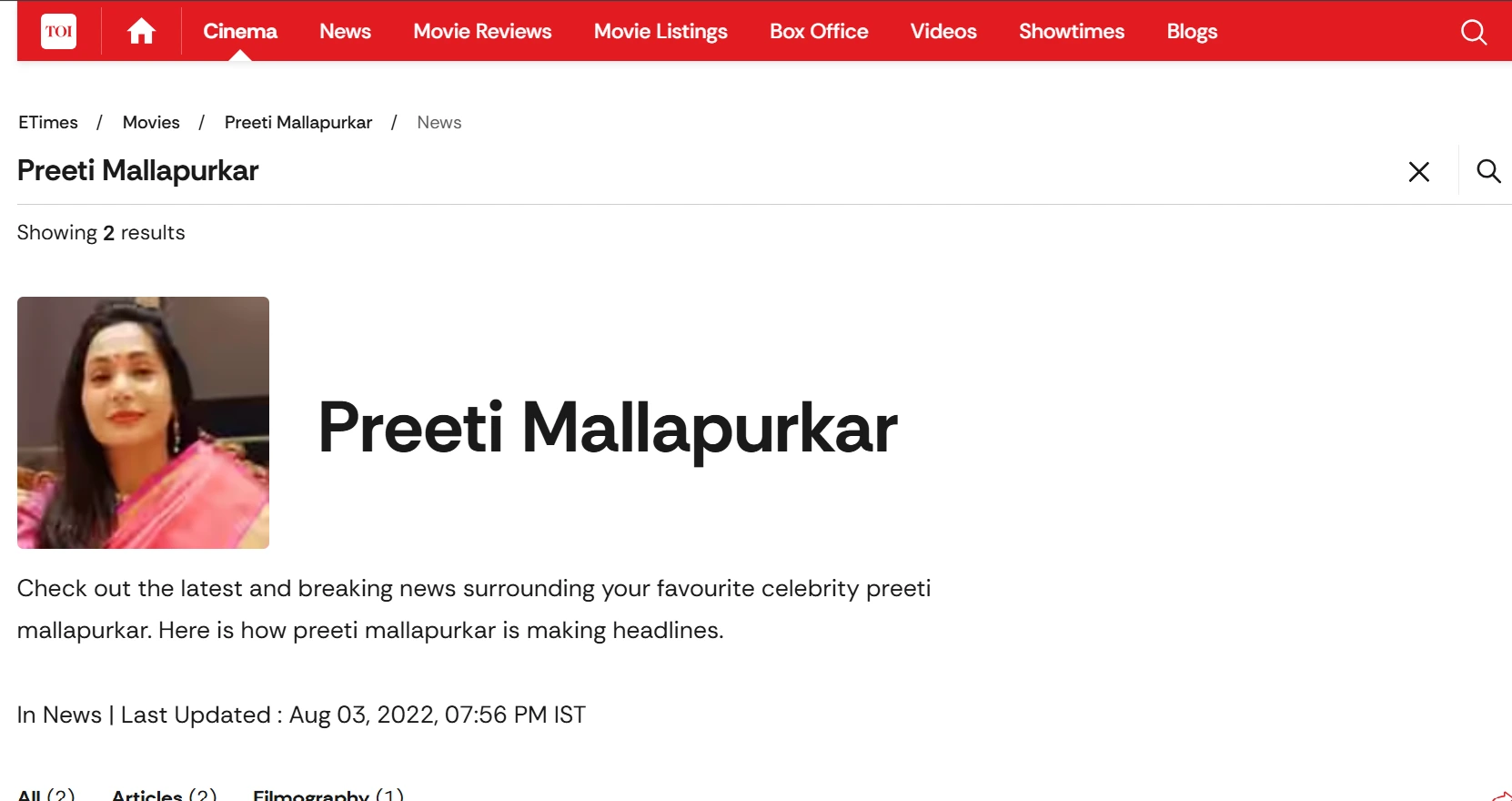 The Times of India covering Preeti Mallapurkar